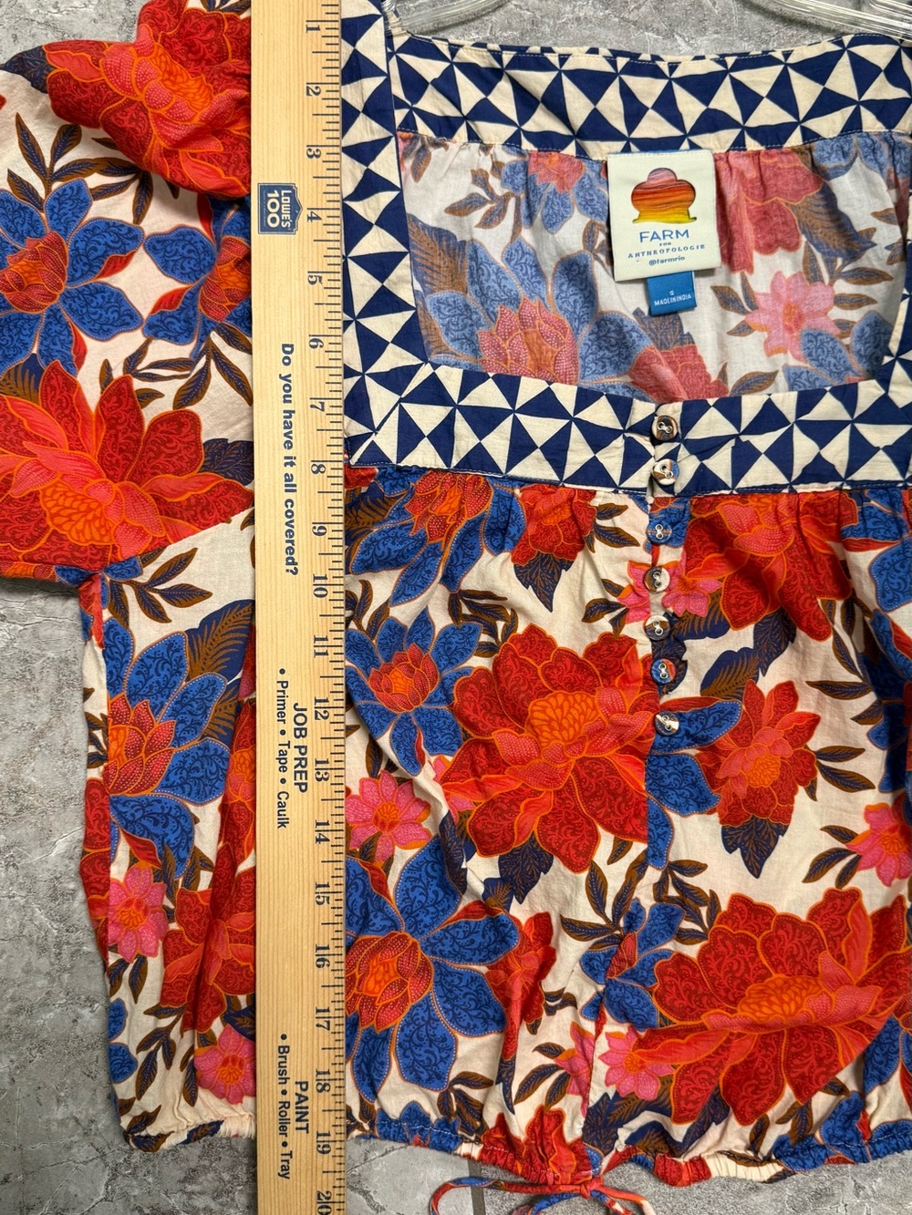Farm Rio x Anthropologie Floral Peasant Top in Rust Orange & Royal Blue Sz Sm - Picture 8 of 11
